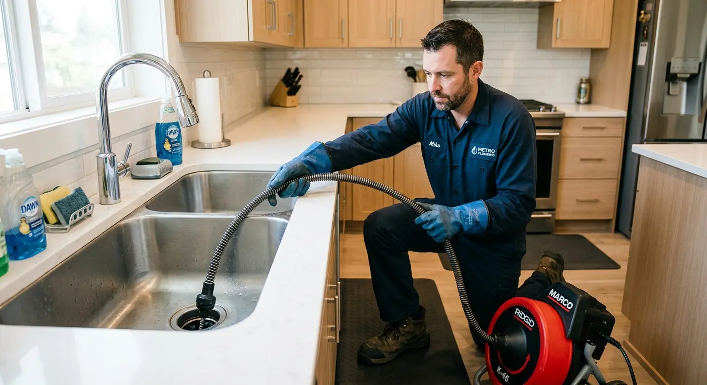 Drain cleaning technician using a motorized snake on a kitchen sink in Sharon Hill
