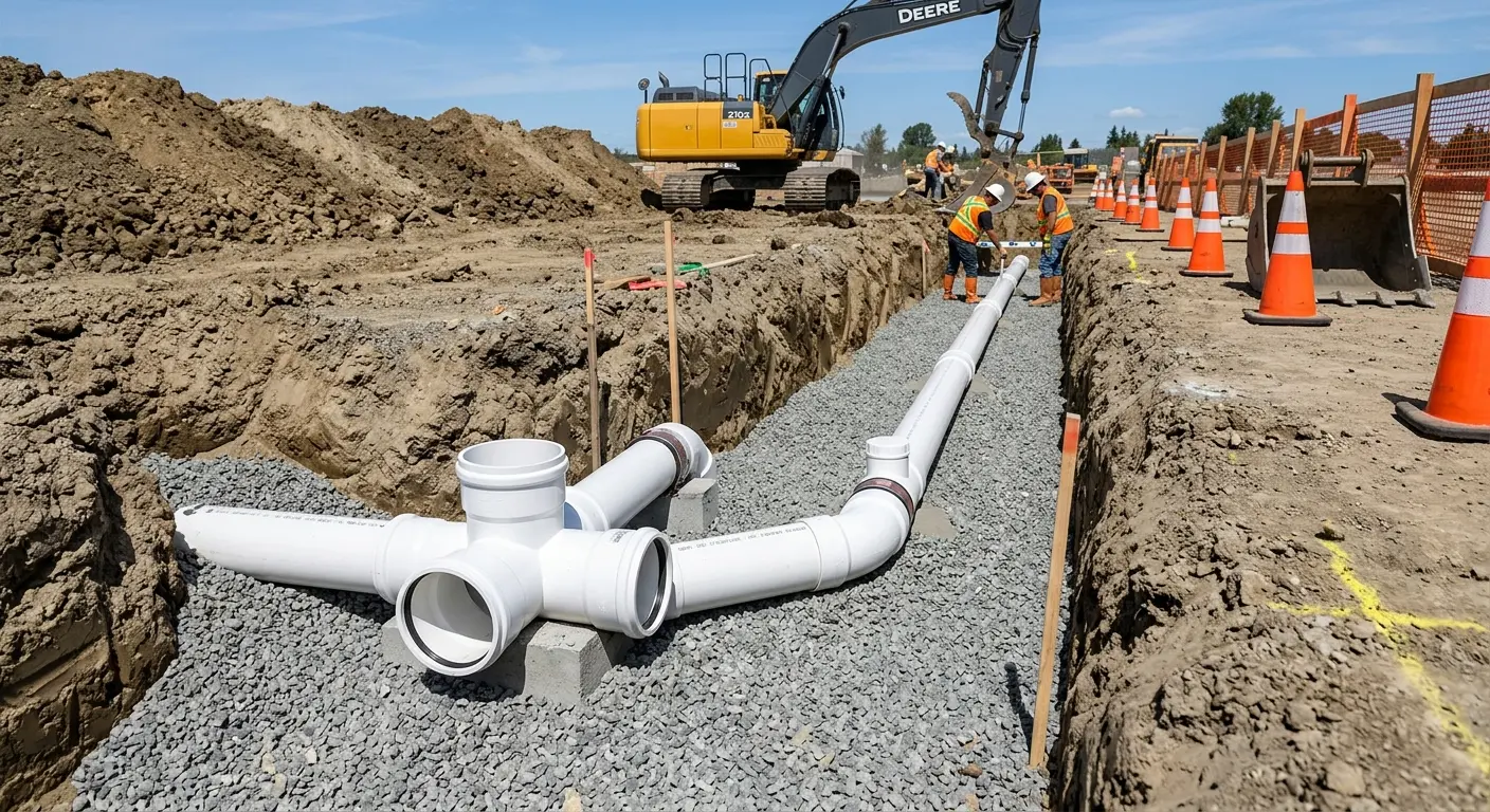 New PVC sewer pipe installation in open trench for Sewer Backup in Sharon Hill