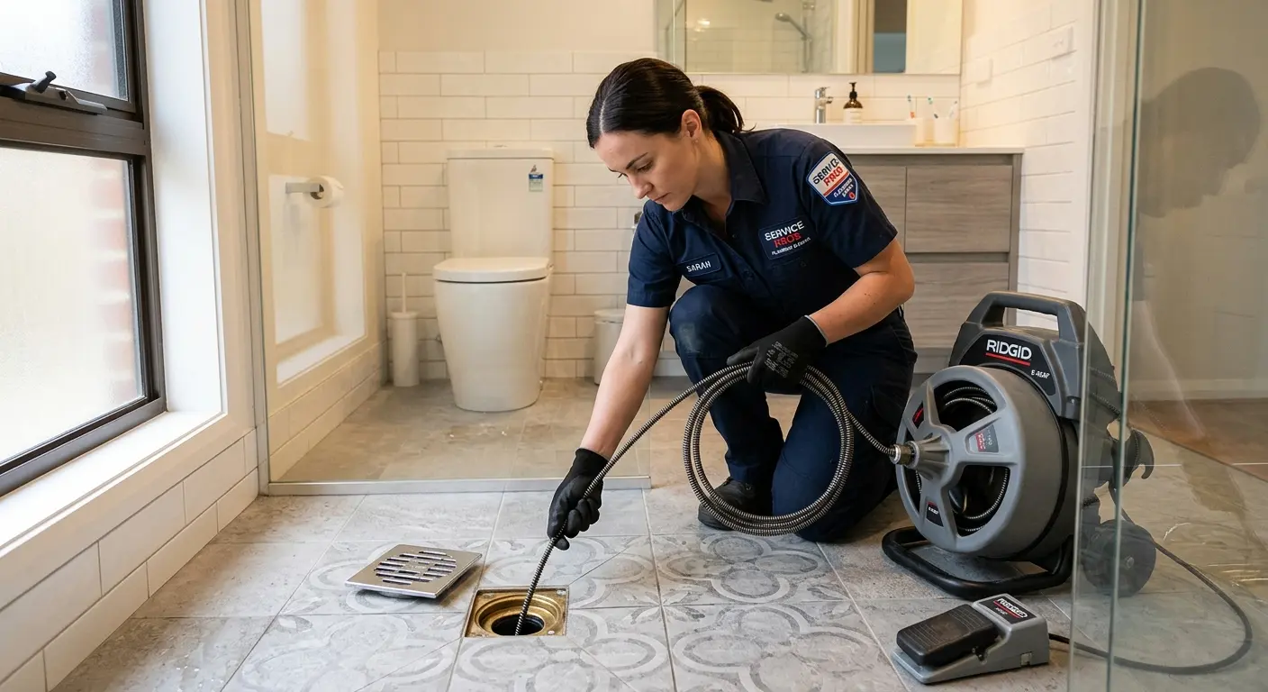 Technician clearing a bathroom floor drain for Drain Cleaning in Sharon Hill